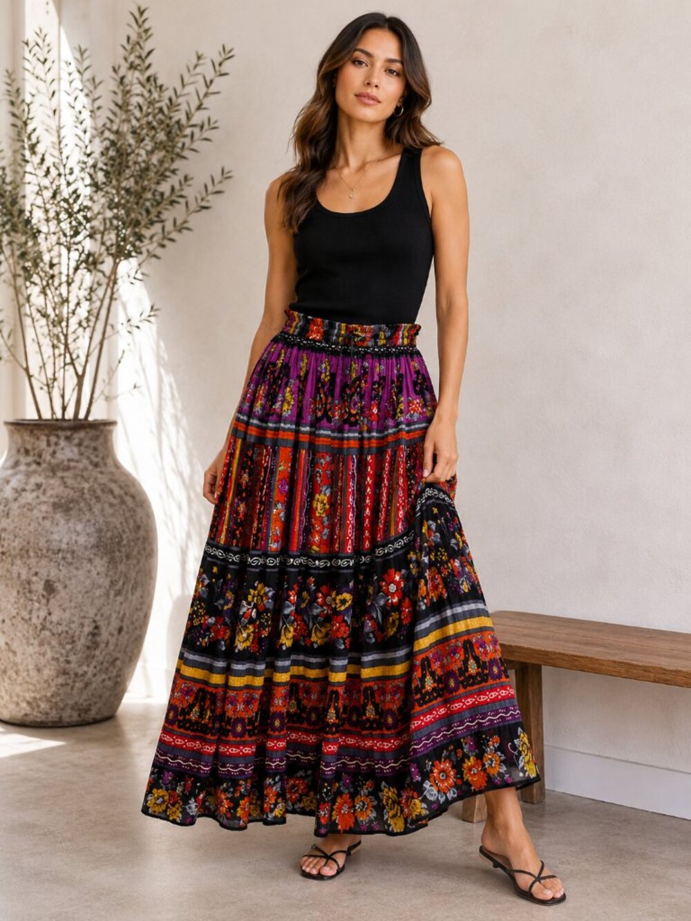 Phool Maxi Skirt Floral Pull-on Peasant Boho Maxi Skirt XL